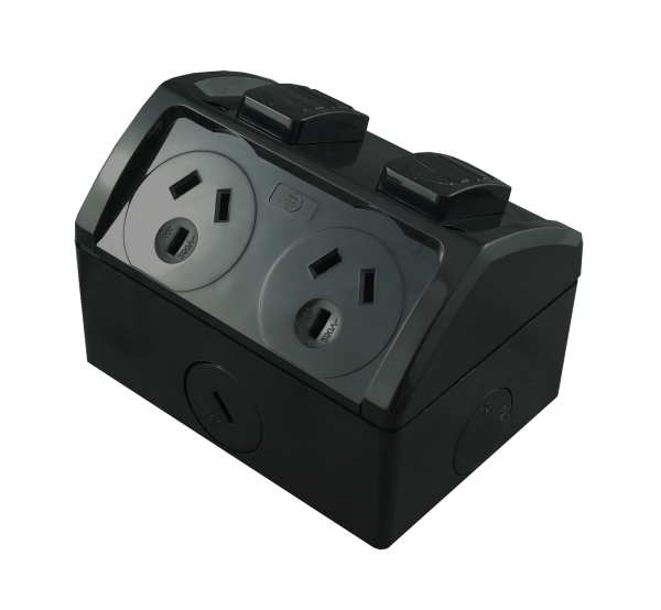 Double Weatherproof GPO Black 10A 250V AC IP53 Integrated